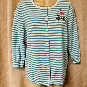 Talbots Blue and White Striped Cardigan with Floral Detail